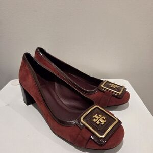 Tory Burch Women's Burgundy Suede Heels with Gold Buckle
